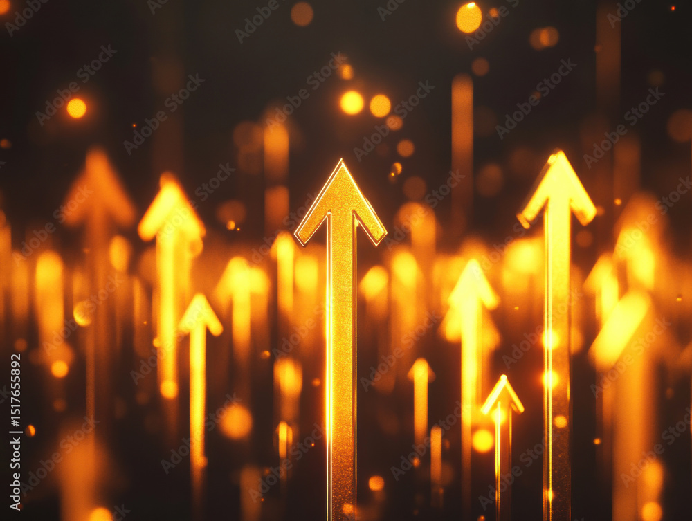 Poster golden arrows pointing upwards in a dynamic and abstract digital background