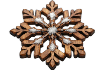 Wooden snowflake with intricate carved details, adorned with delicate snowflakes, isolated on transparent background.