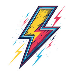 Generate a striking image of a lightning bolt dramatically distorted by vibrant glitch art effects, exhibiting pixelation and color banding.  (1) signifies a single bolt.