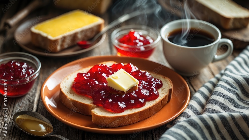Poster crispy toast with butter and jam served on a white table for breakfast.