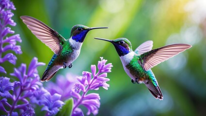 Fototapeta premium Costa Rica's Green Hermit hummingbird, Phaethornis guy, flying near a striking red flower amid rain in green jungle habitat, feeding behavior captured