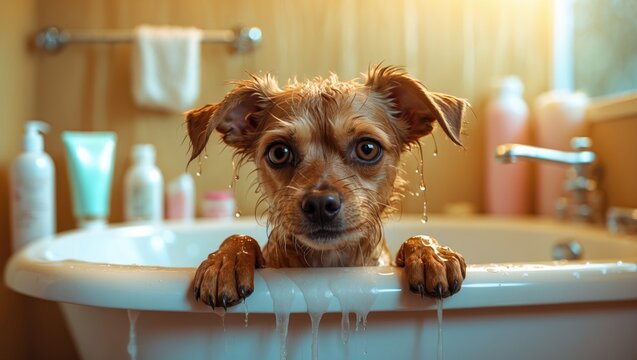 Adorable puppy enjoying bath time at home - Pet care - Wet dog with a sad face - Bathroom grooming session
