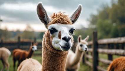 Obraz premium Adorable white and brown llama in petting zoo surrounded by fence
