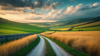 Obraz premium Scottish rural landscape featuring country lane and dry stone wall at dusk