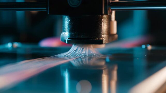 Advanced manufacturing process revealing precision 3d printing technology, depositing molten plastic layer by layer with intricate blue illumination against dark background