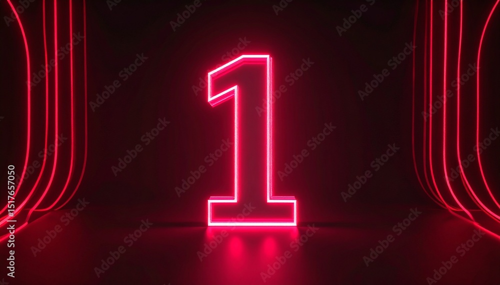 Poster 3d rendering of a metallic number 1 with curved red neon lines on a background.