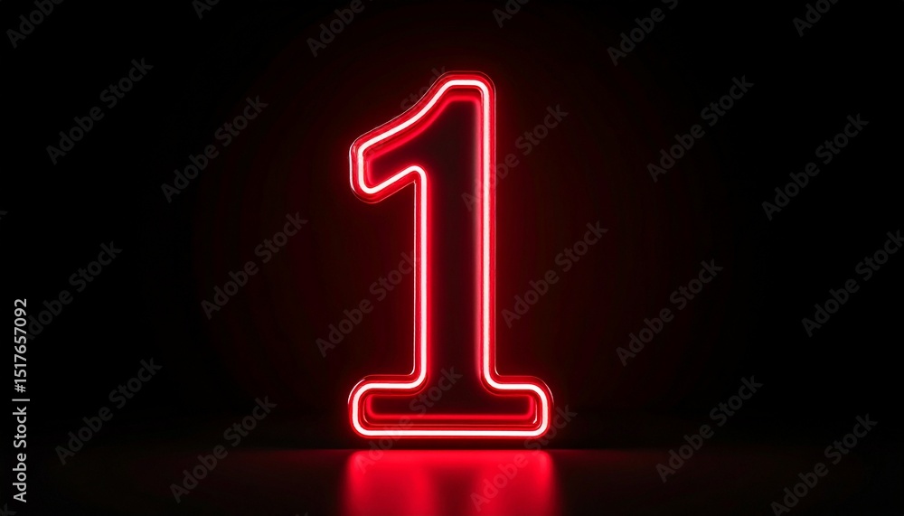 Poster 3d rendering of a metallic number 1 with curved red neon lines on a background.