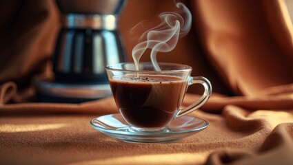 Coffee house background with steaming mug of hot beverage