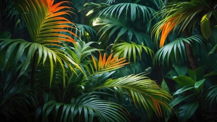 Lush green palm leaves against a dark jungle backdrop