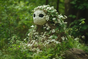 Obraz premium Entity made of flowers and grass sitting in a lush forest during daylight, surrounded by greenery and blossoms