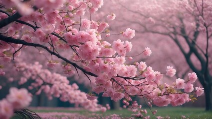 Fototapeta premium Pastel-colored cherry blossoms or Sakura flowers set against a natural blurred background during a spring day