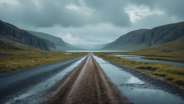 Murmansk region's deserted country road surrounded by rocks, lakes, and tundra under a cloudy summer sky