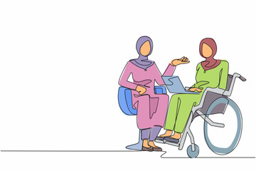 Single continuous line drawing employee with disabilities and inclusion work together. Disabled Arabian female on wheelchair with coworker sit communicate using laptop. One line graphic design vector