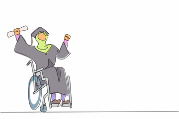 Continuous one line drawing disabled bachelor, inclusive education concept. Young happy Arab woman graduate master holding diploma in hand sitting in wheelchair. Single line draw design vector graphic
