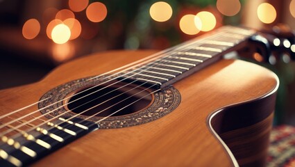 Fototapeta premium Close-up of guitar with vintage filter and neon lighting in a soft focus