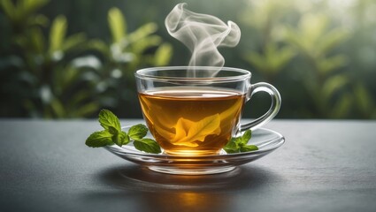 Mint-infused tea in a glass cup on a wooden table with green leaves background