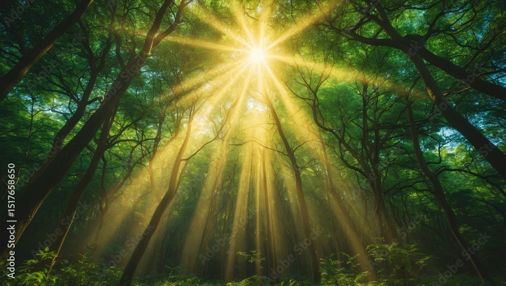 Poster tree with sunrays through the canopy in forest