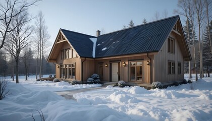 A serene winter retreat in a cozy wooden cabin enveloped by fresh snowfall and tranquility under a clear sky