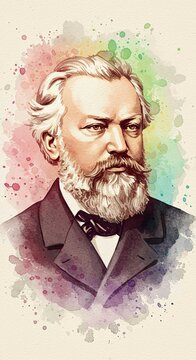 Johannes Brahms, German Romantic composer, 1833&ndash;1897, 19th century, renowned for Wiegenlied (Brahms&rsquo; Lullaby). Watercolor portrait, Colorful artistic splashes, vertical. World Classical Music Day