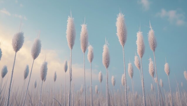 Close-up of snow-dusted pampas grass against a blue sky with soft pastel tones, capturing the icy texture and natural beauty of winter scenery.