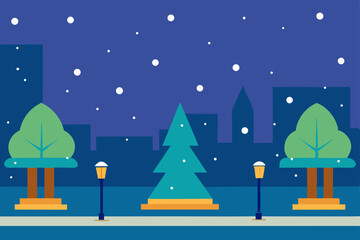 Fototapeta premium city square with decorated trees and falling snow background