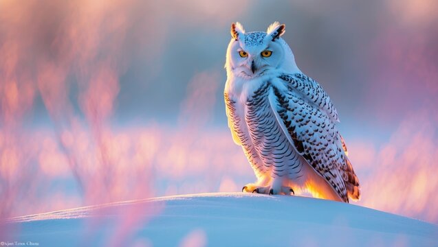 Wild white owl with yellow eyes in snowy tundra