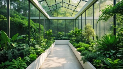 Modern empty office conference room with a table and green potted plants for workspace design