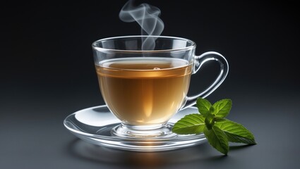 Herbal Sri Lanka green and black tea with mint leaf in a glass cup at a restaurant