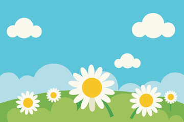meadow of daisies with soft clouds and sunlight background