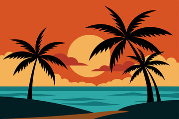 palm tree silhouettes over a sunset beach background