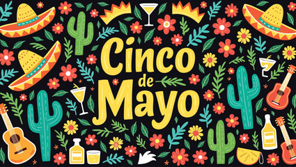 Vibrant Cinco de Mayo Celebration Illustration with Cacti, Sombreros, and Festive Elements.