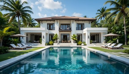 Fototapeta premium Luxurious white villa reflecting in a turquoise pool promising relaxation and opulent living beneath palm