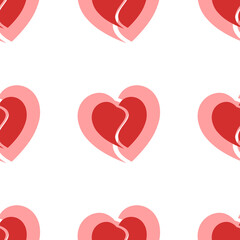 Seamless pattern of large isolated red two halves of a heart symbols. The elements are evenly spaced. Illustration on light red background