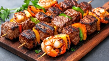 Gourmet Skewers Display: an array of grilled skewers, each laden with succulent pieces of steak, shrimp, and colorful bell peppers.