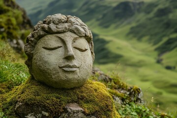 Fototapeta premium Serene stone sculpture resting on moss-covered ground in the Andes mountains during daylight hours