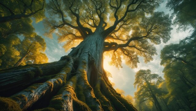 Low angle shot of a lush pine tree with misty canopy for International Day of Forest and World Environment Day