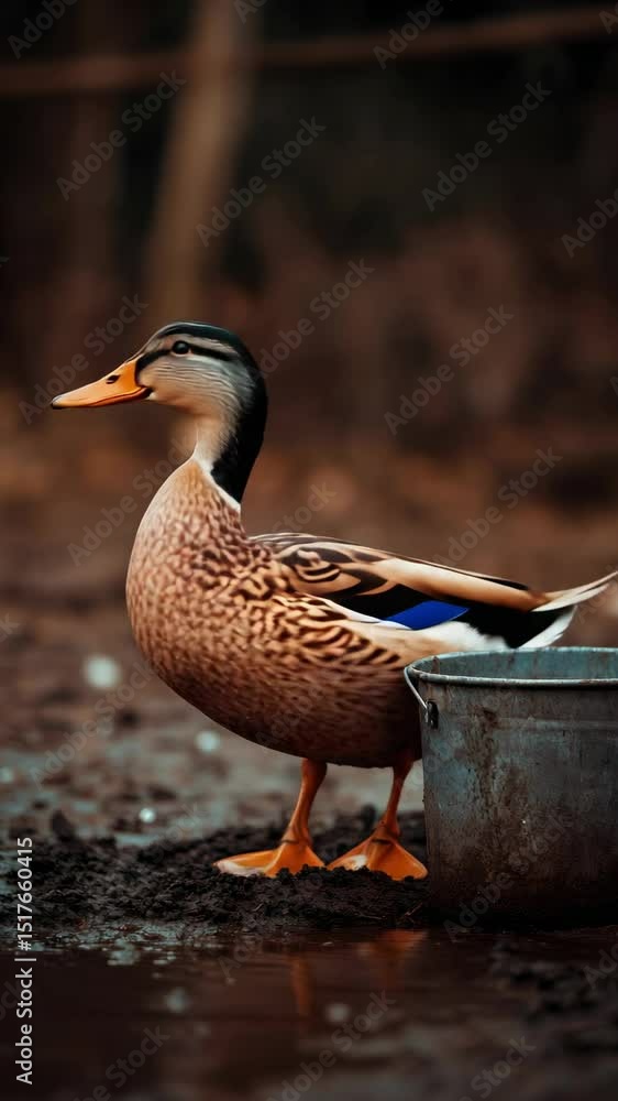 Poster slender indian runner duck navigating muddy farmyard terrain, moving from right to left near rusty m