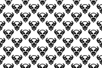 Seamless pattern completely filled with outlines of buffalo logos. Elements are evenly spaced. Illustration on transparent background