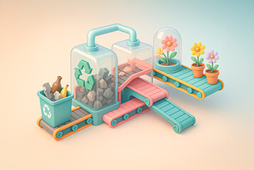 Whimsical illustration of a recycling conveyor system transforming trash into colorful potted flowers, visualizing sustainability and eco-innovation.