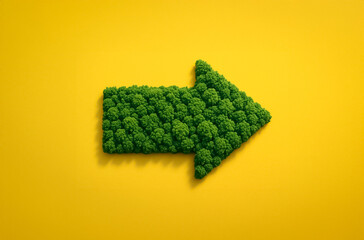 Artistic image of a leafy arrow pointing right, made from dense forest patterns over a yellow surface, expressing environmental direction.