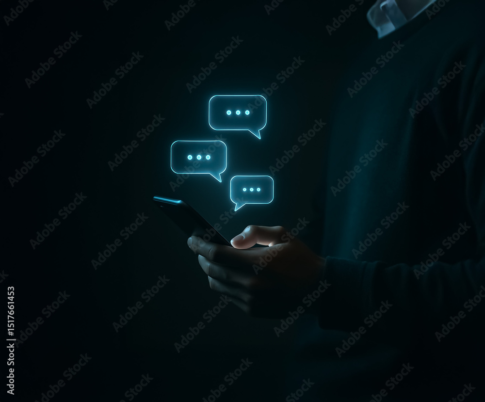 Poster man using smartphone with glowing floating chat bubbles, depicting virtual conversation, tech usage,