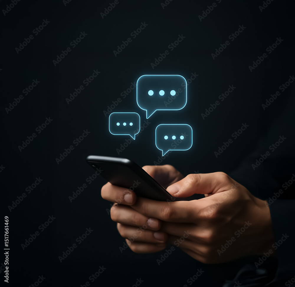 Poster a pair of hands typing on a smartphone with floating chat bubbles, emphasizing modern mobile communi
