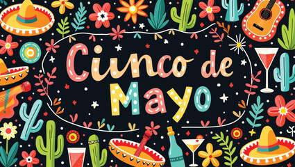 Cheerful Cinco de Mayo Illustration with Sombreros, Guitars, Cacti, and Festive Elements.