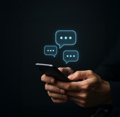 A pair of hands typing on a smartphone with floating chat bubbles, emphasizing modern mobile communication and real-time messaging.