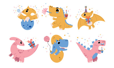 Adorable Cartoon Dinosaurs Having a Delightful Celebration with Colorful Gifts and Fun