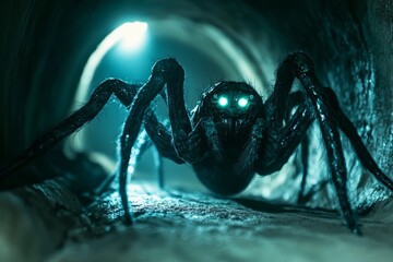 Eerie spider with glowing eyes lurking in a dark tunnel during an unsettling exploration at midnight