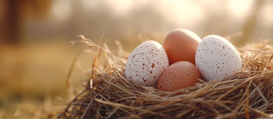 Obraz premium Fresh eggs in a nest, a mix of brown and white eggs. Rural life, sustainable farming practices. Wide banner, copy space