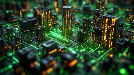 Futuristic cityscape embedded on circuit board with glowing green pathways