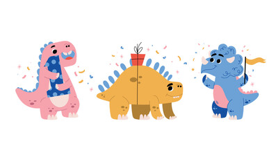 Cartoon Dinosaurs Joyfully Celebrating with Colorful Party Hats and Confetti in the Air