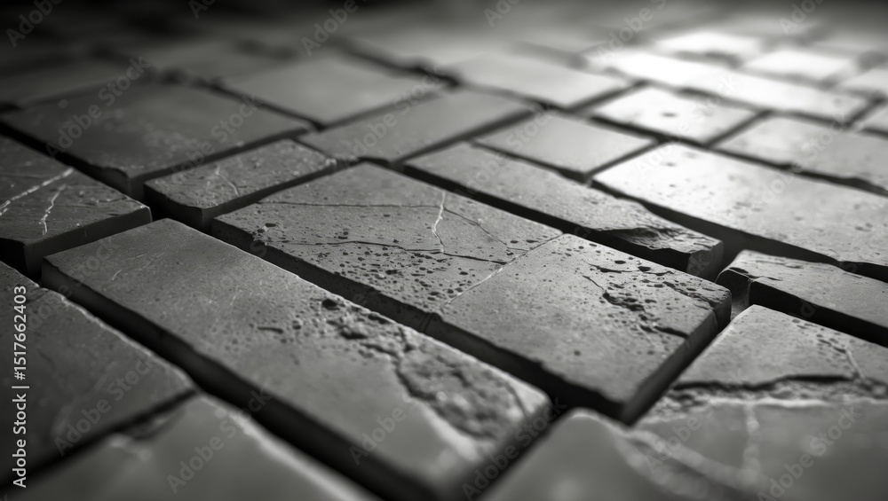 Poster abstract geometric pattern of rectangular bricks on concrete ground in black and white, featuring te